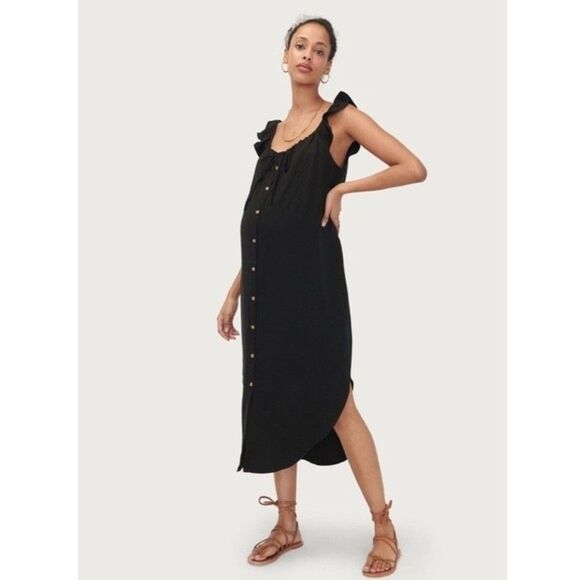 NEW Hatch Collection Jenna Ruffle Button Front Midi Dress Black Maternity XS - Picture 1 of 11
